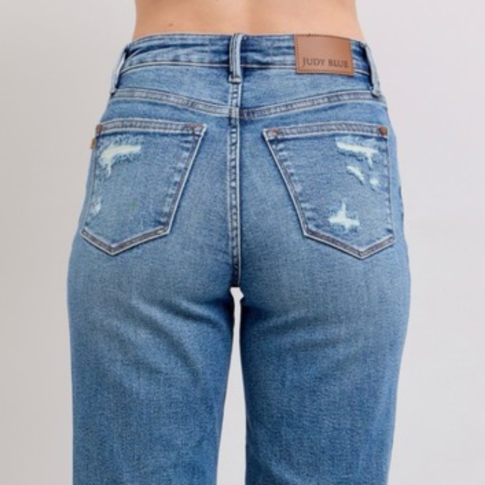 Judy Blue High-Rise Distressed Straight Leg Torn Hole Slim Fit Jeans Denim Pants - Picture 13 of 15